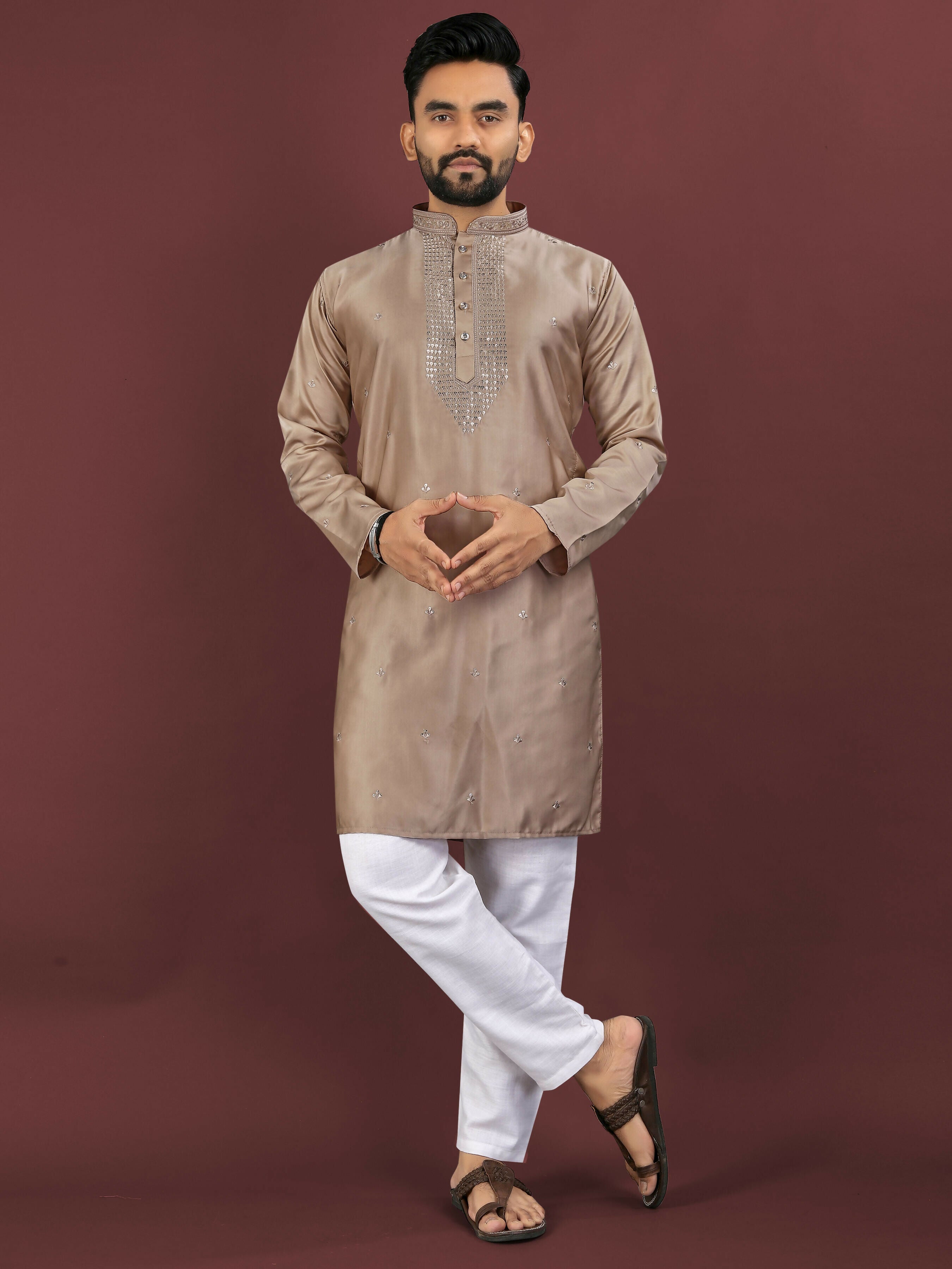 Anaita Brown Embroidered Silk Straight Kurta