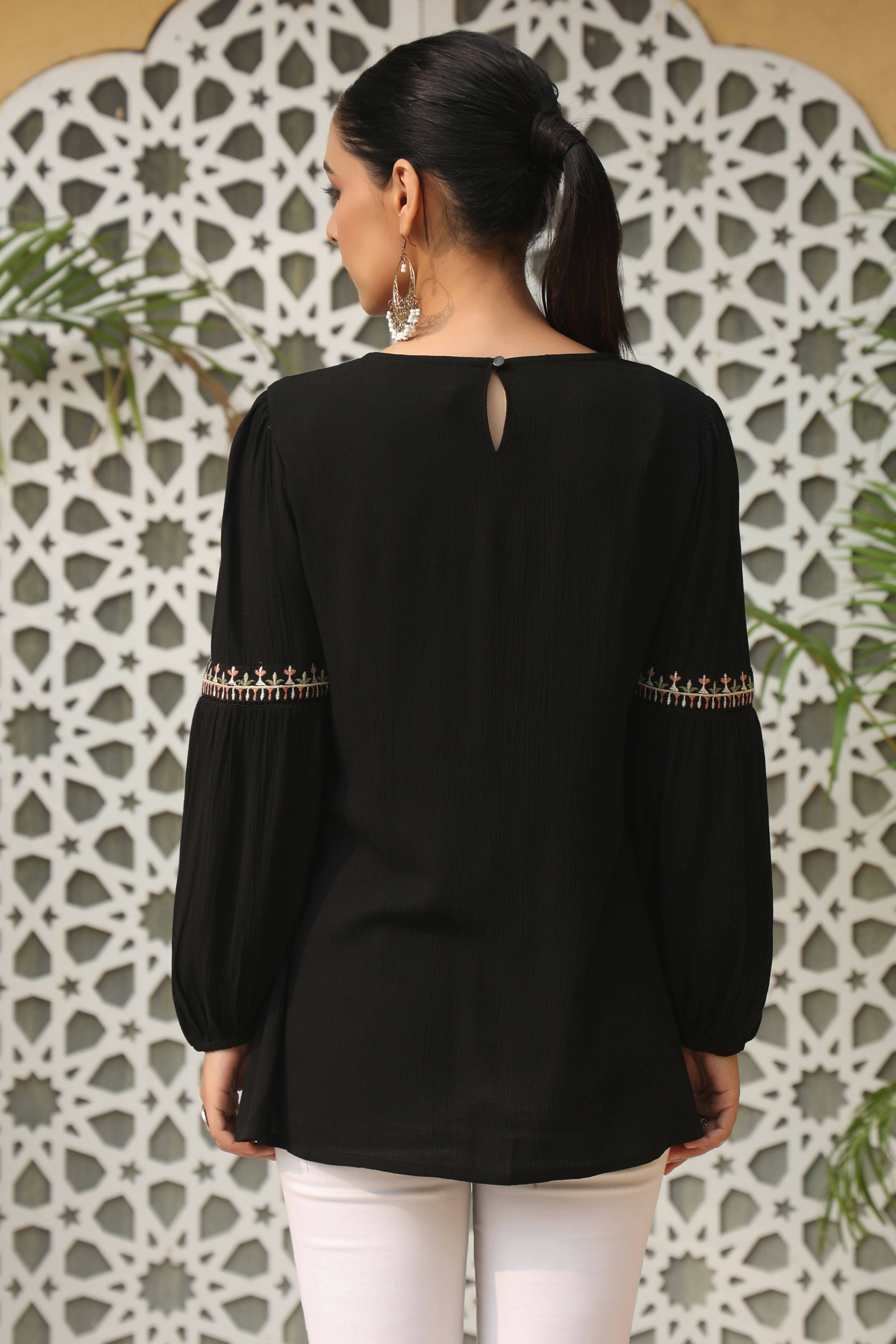 Juniper Women's Black Rayon Crepe Solid With Embroidery Straight Tunic - Distacart