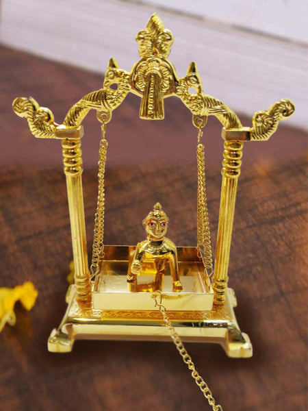 CraftVatika Gold Toned Aluminium Swing Jhula With Ladoo Gopal