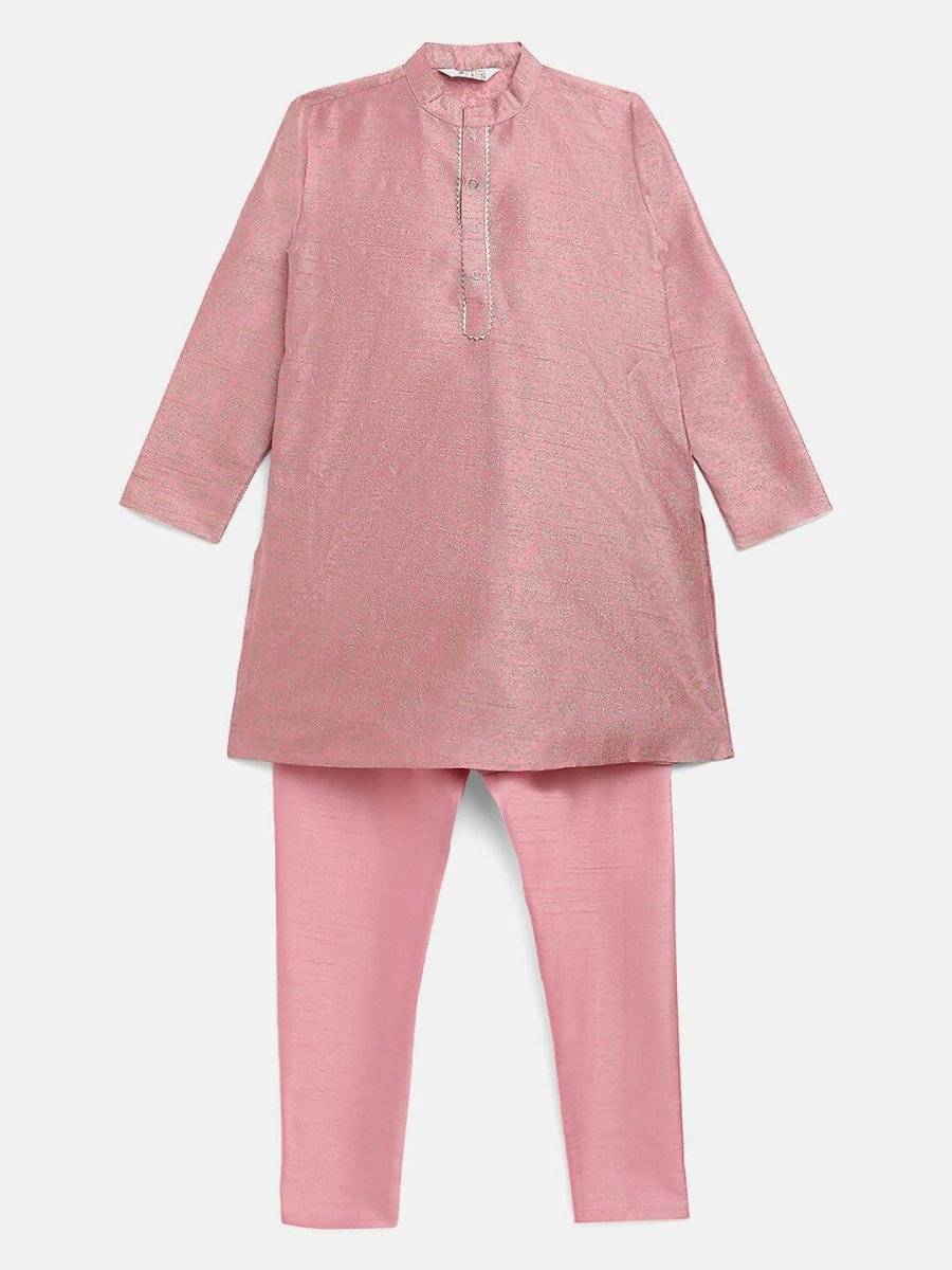 Ahalyaa Rose Gold Poly Silk Gold Print Kids Kurta Churidar Set For Boys