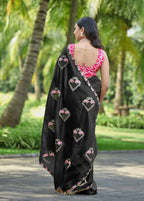 Teeya Creation Black Color Pure Paper Silk Heavy Embroidery Work Wedding Wear Saree - Distacart