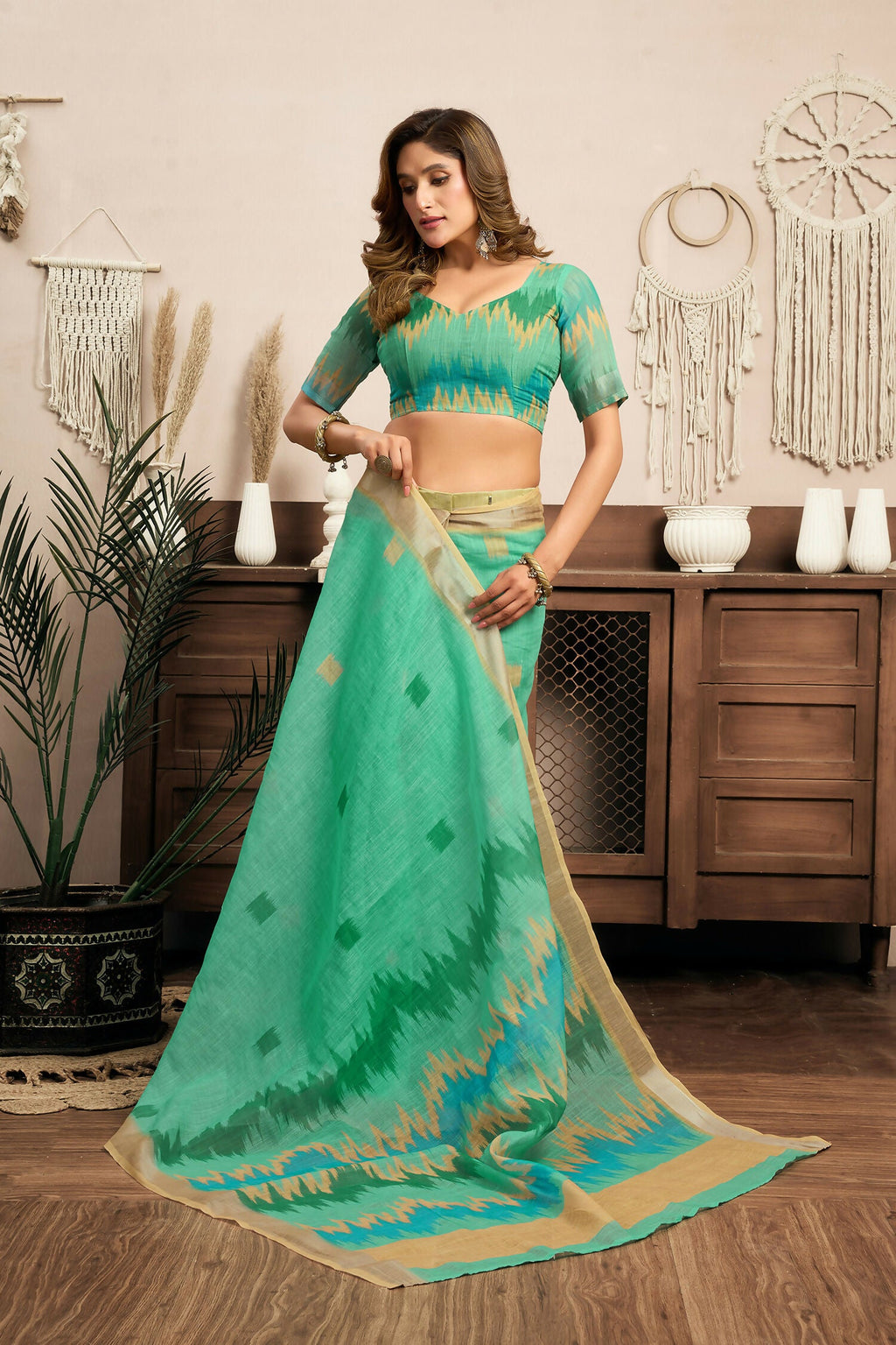 Joban Fashion Teal Green Ikkat Linen Ready To Wear Saree With Unstitched Blouse - Distacart