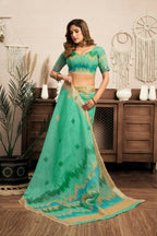 Joban Fashion Teal Green Ikkat Linen Ready To Wear Saree With Unstitched Blouse - Distacart