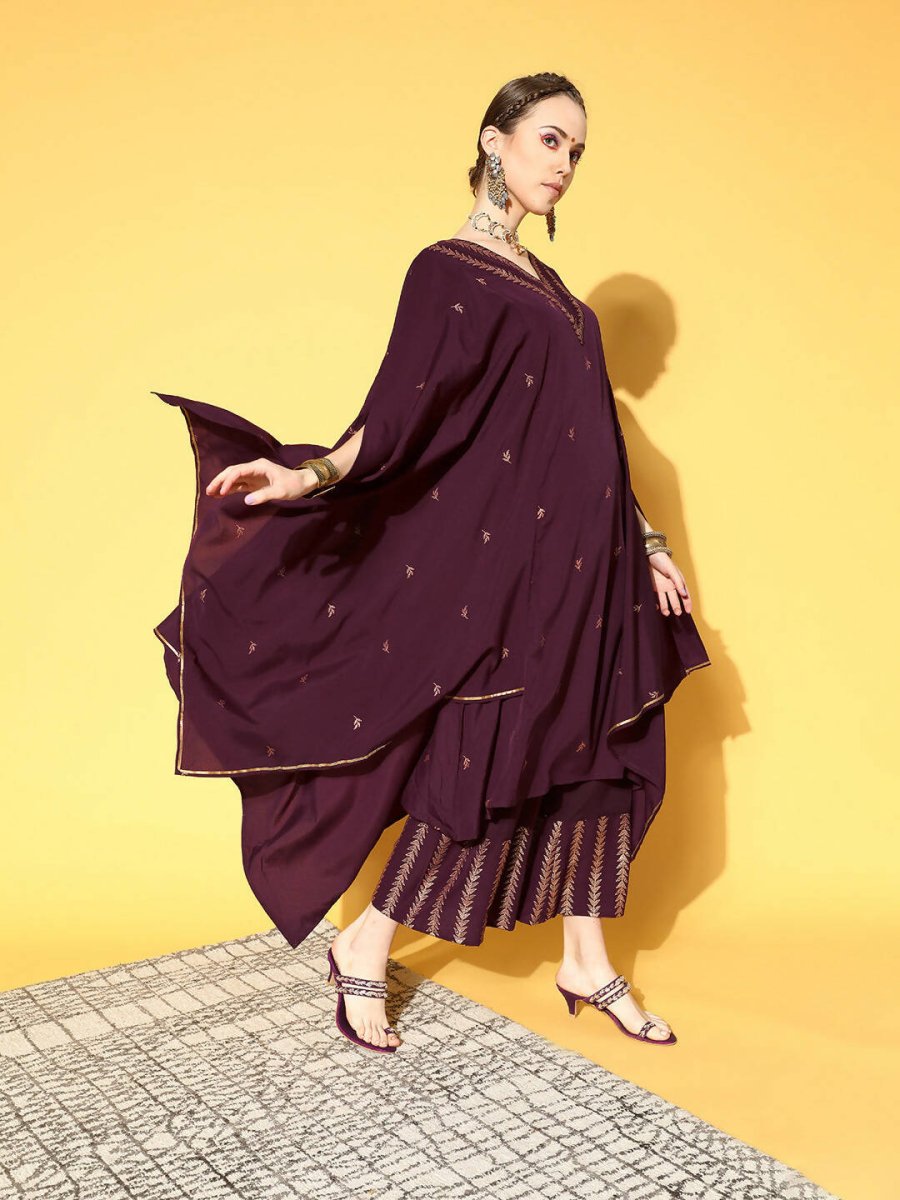 Ahalyaa Women Wine Colour Crepe Gold Glitter Print Kurta Palazzo Set - Distacart