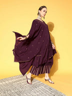 Ahalyaa Women Wine Colour Crepe Gold Glitter Print Kurta Palazzo Set - Distacart