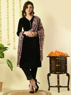 Myshka Women's Black Velvet Kurta & Trousers With Dupatta Party Sets