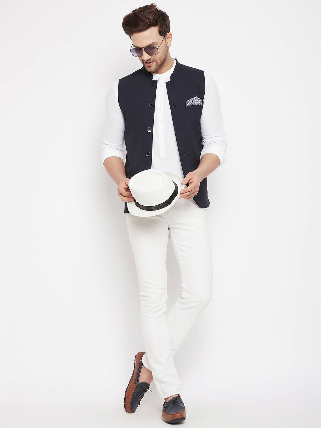 Even Apparels Navy Merino Men's Nehru Jacket-Contrast Lining-Inbuilt Pocket Square - Distacart