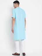 Even Apparels Blue Color Pure Cotton Men's H/S Kurta With Band Collar - Distacart