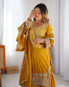 The52 Women's Beautiful Chinon silk Fabric Embroidery Work Straight Kurta Palazzo and Dupatta Set - Distacart