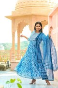 Yufta Women Blue Floral print Pure Cotton Anarkali Kurta with Trouser and Dupatta