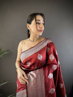 Joban Fashion Maroon Floral Motifs Soft Silk Banarasi Saree - Distacart