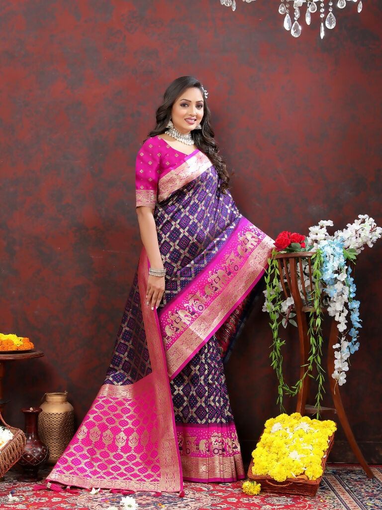 Vastranavya Navy Blue Soft Patola Silk With Meenakari Weaving Motifs And Rich Zari Weaving Pallu Saree With Matching Blouse Fabric