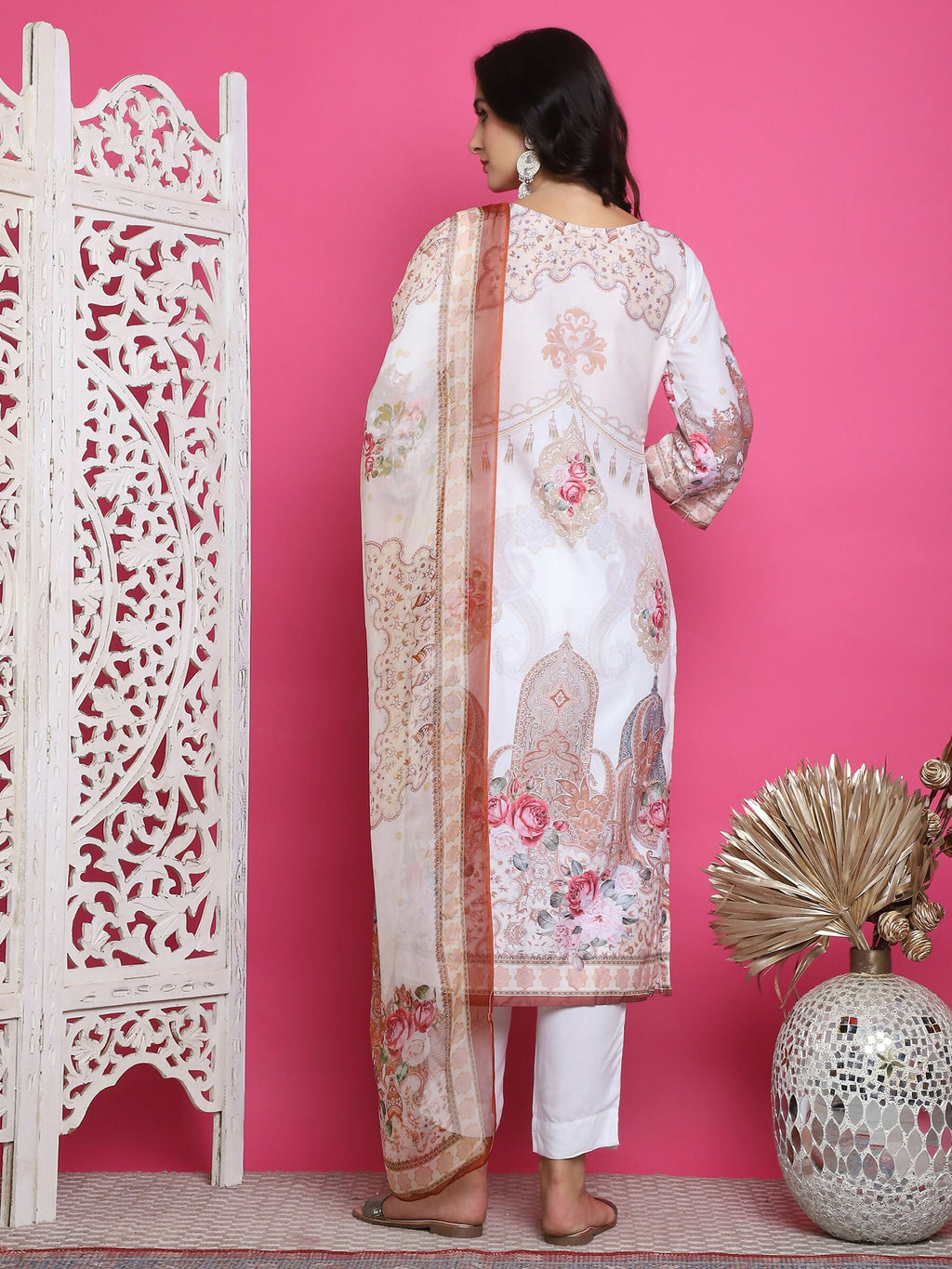 Jyoti Fashion Women's Cream Satin Traditional Digital Print with Crystal work Kurta with Trouser & Dupatta