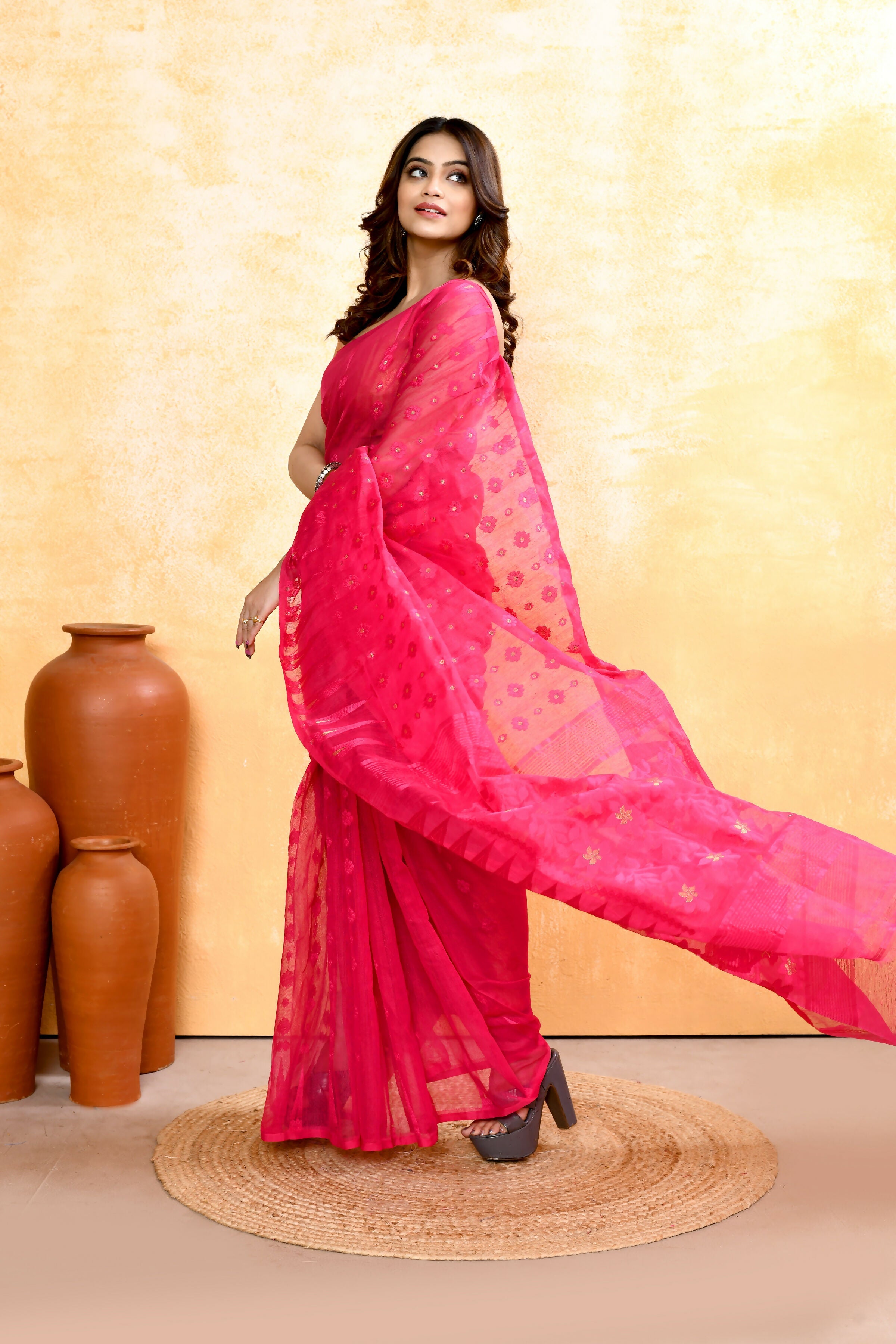 Piyari Fashion Women's Rani Pink Embellished Cotton Blend Jamdani Saree - Distacart