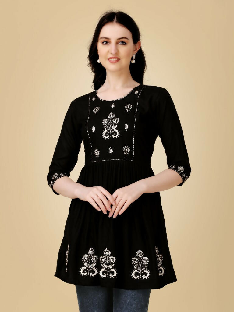 Jyoti Fashion Women's Black Viscose Rayon Embroidered Casual Top