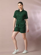 Myshka Women's Green Solid Shirt Collar Party Shirt With Shorts Co-ord set
