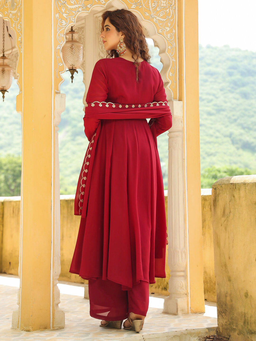 Janasya Maroon Georgette Embroidered Kurta,Bottom & Dupatta