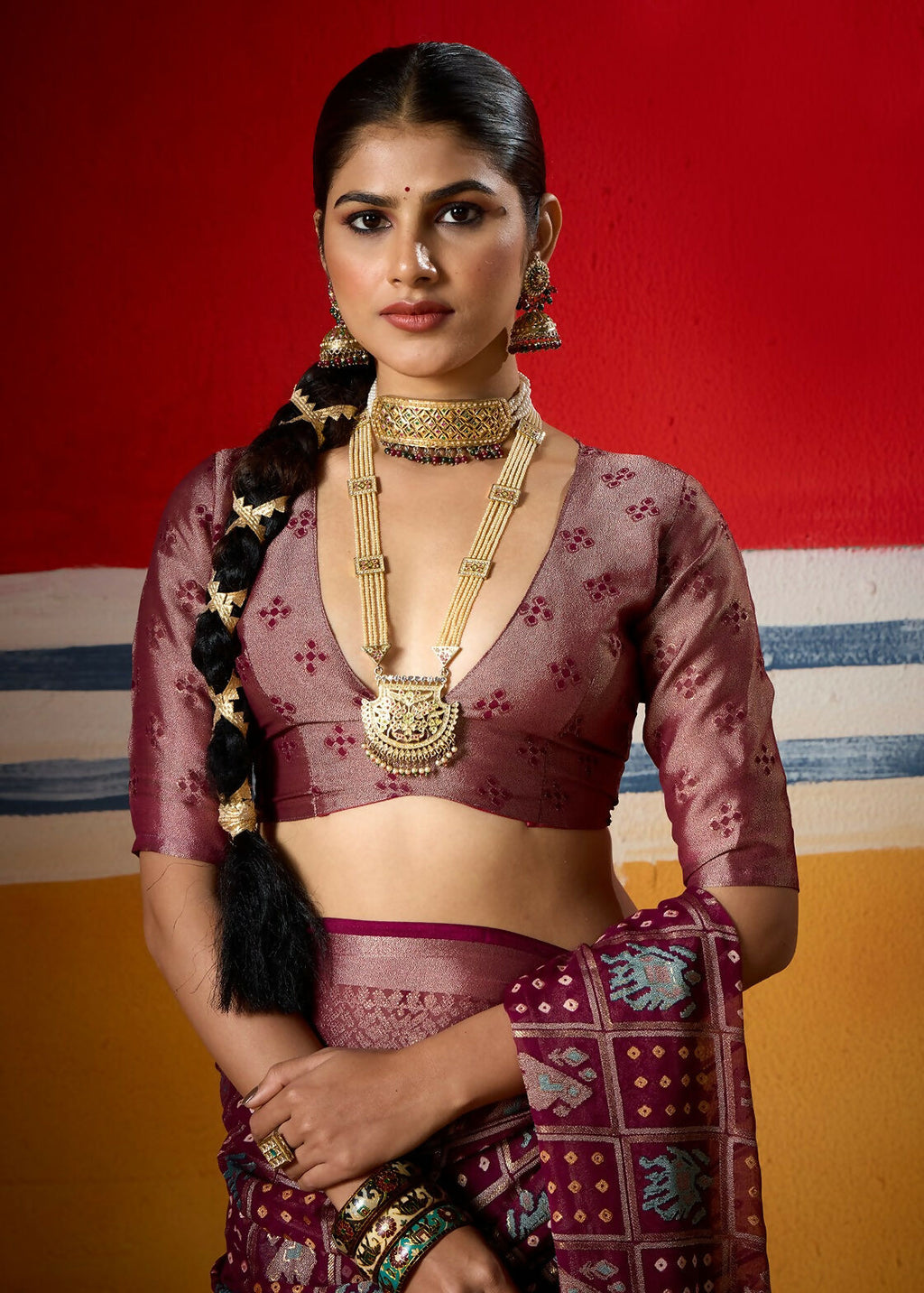 Joban Fashion Wine Dull Moss Brasso Saree - Distacart