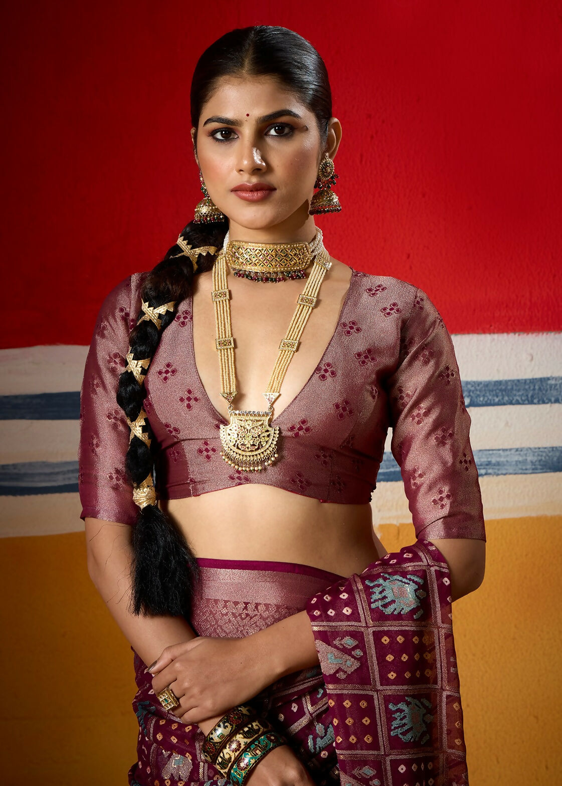Joban Fashion Wine Dull Moss Brasso Saree - Distacart
