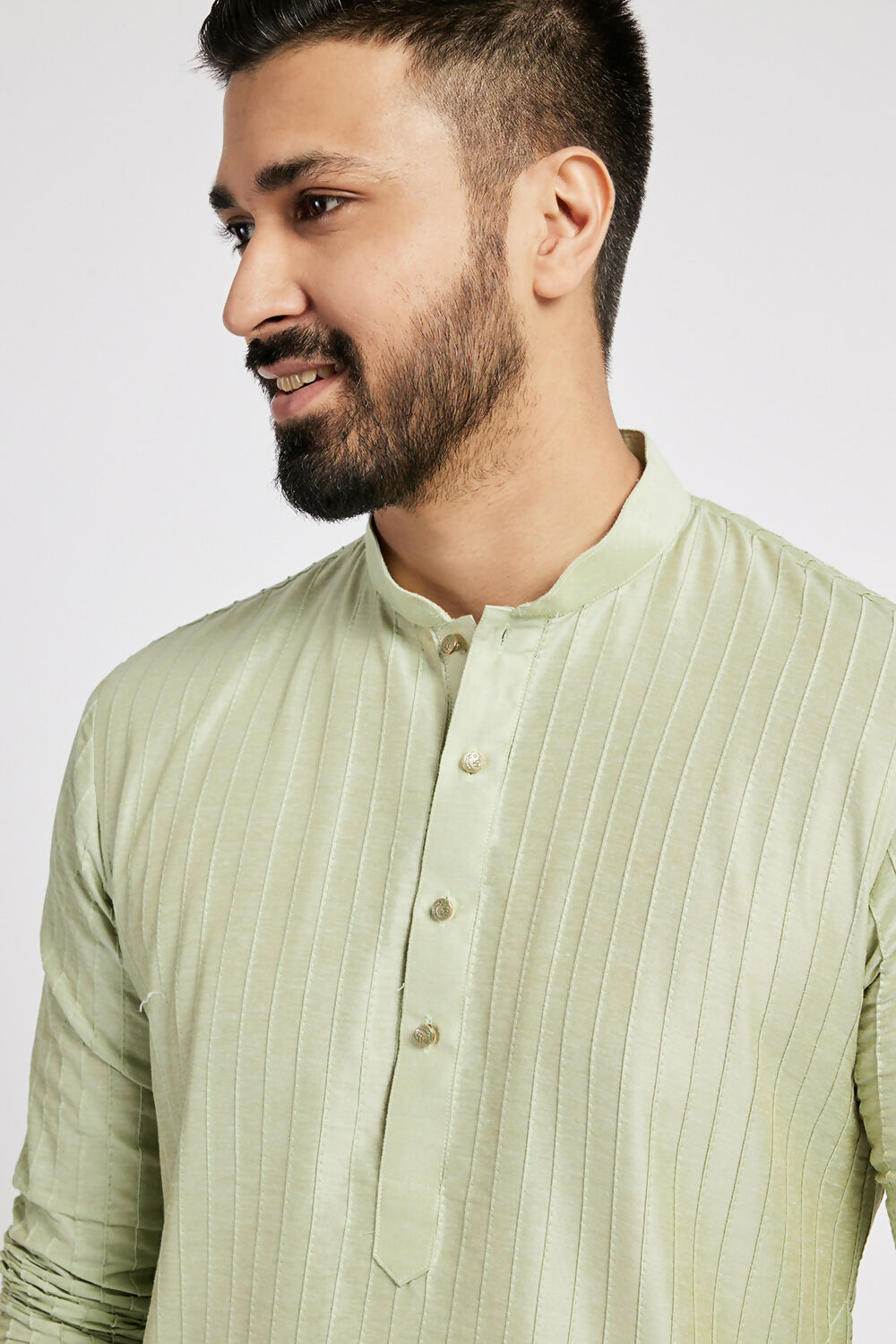 Ethnic India Green Men's Kurta Striped Polyester