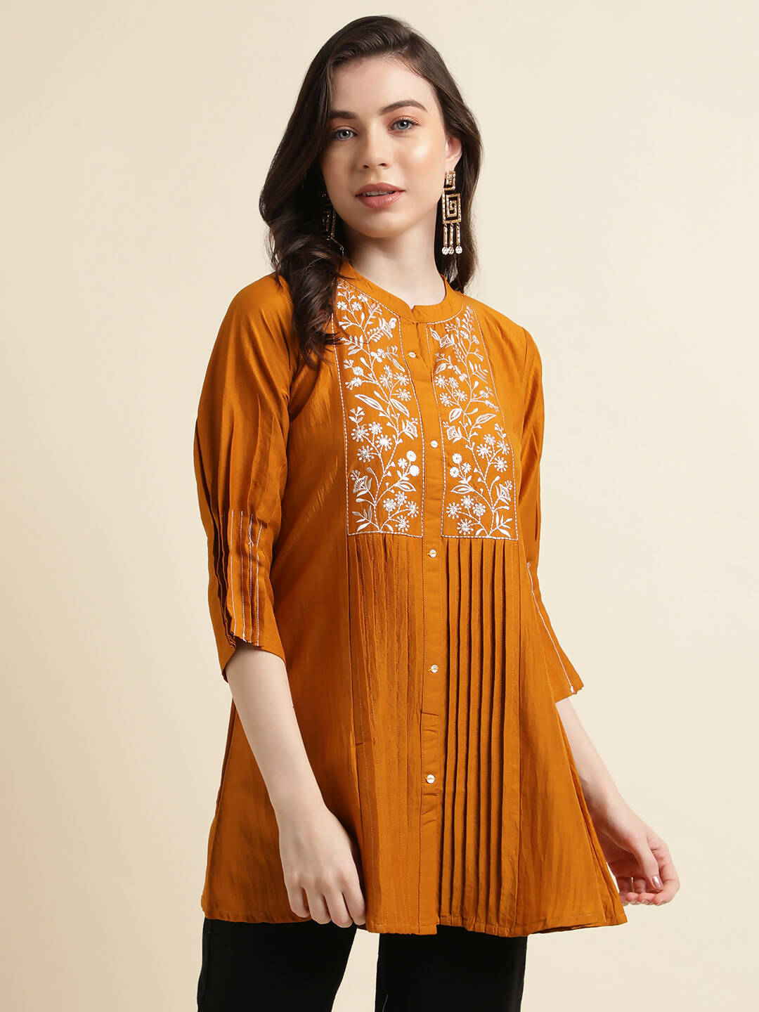 Mustard Chinon Yoke Embroidered A-line Top - Tarini