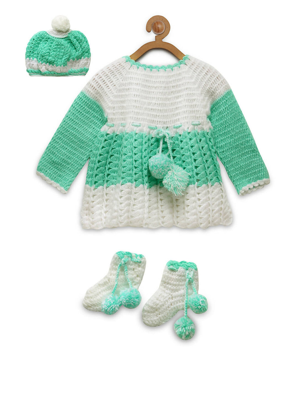 ChutPut Hand knitted Crochet Baby Wool Dress For Baby Girls - Green