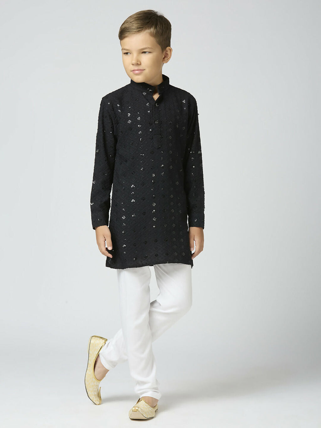 Joban Fashion Kids Island Full Sleeves Cotton Kurta and Pyjama Set with Sequin work - Black - Distacart