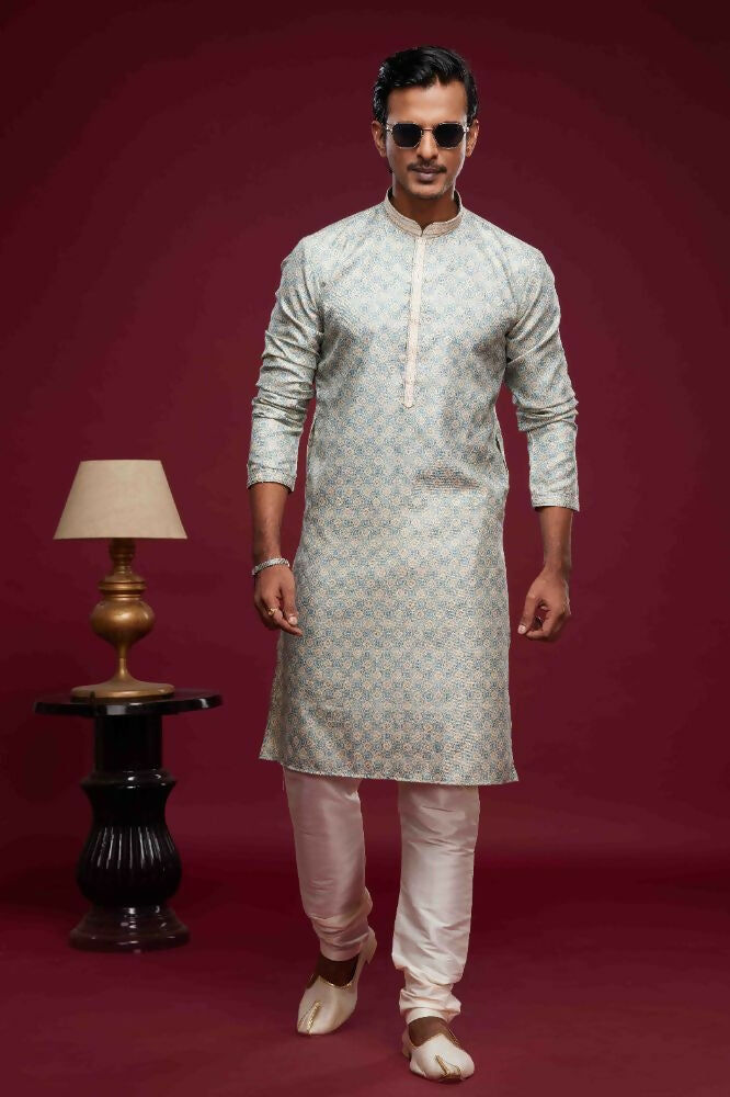 Raivat Ethnic Art Silk Digital Print Pintux Work Kurta Pajama In Sky Blue Colour
