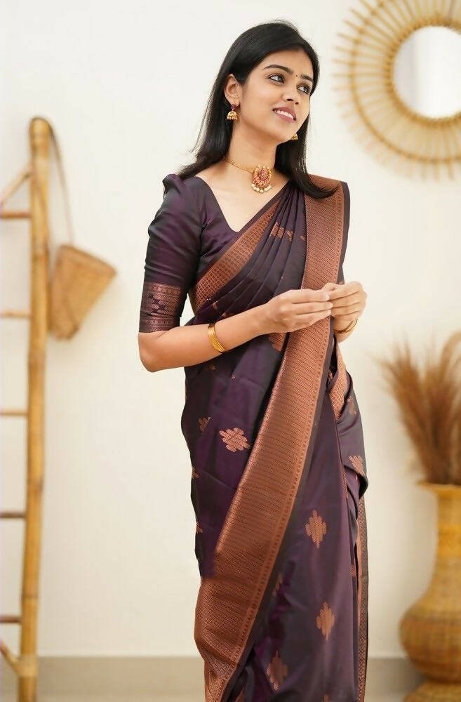 DEIANA'S Beautiful Designer Golden zari Soft Lichi Silk Saree - Wine
