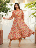 Kaajh Women's Yellow-Red Floral Hand Block Print Cotton Dress - Distacart