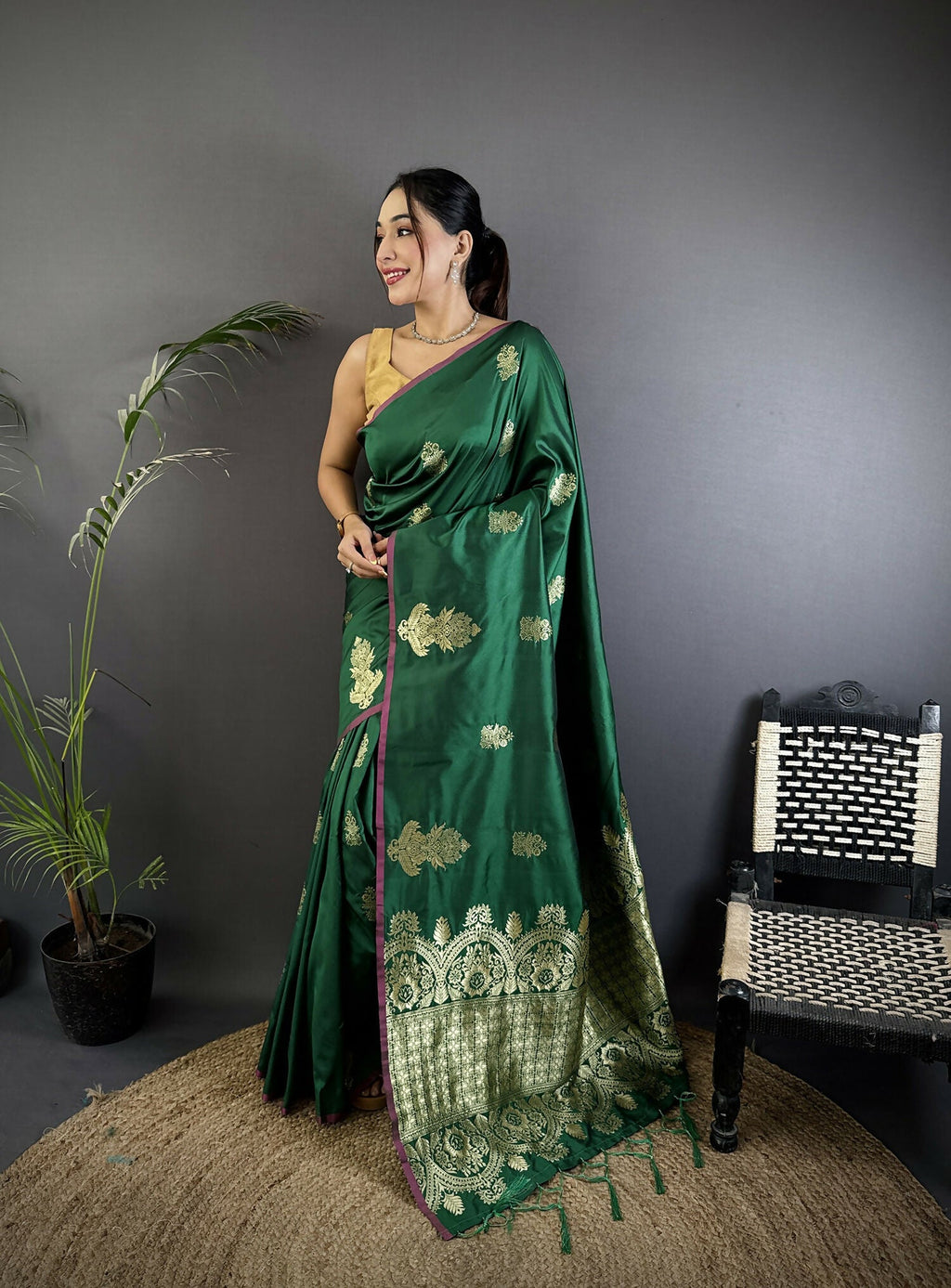 Joban Fashion Dark Green Banarasi Lichi Silk Gold Zari Meena Saree - Distacart