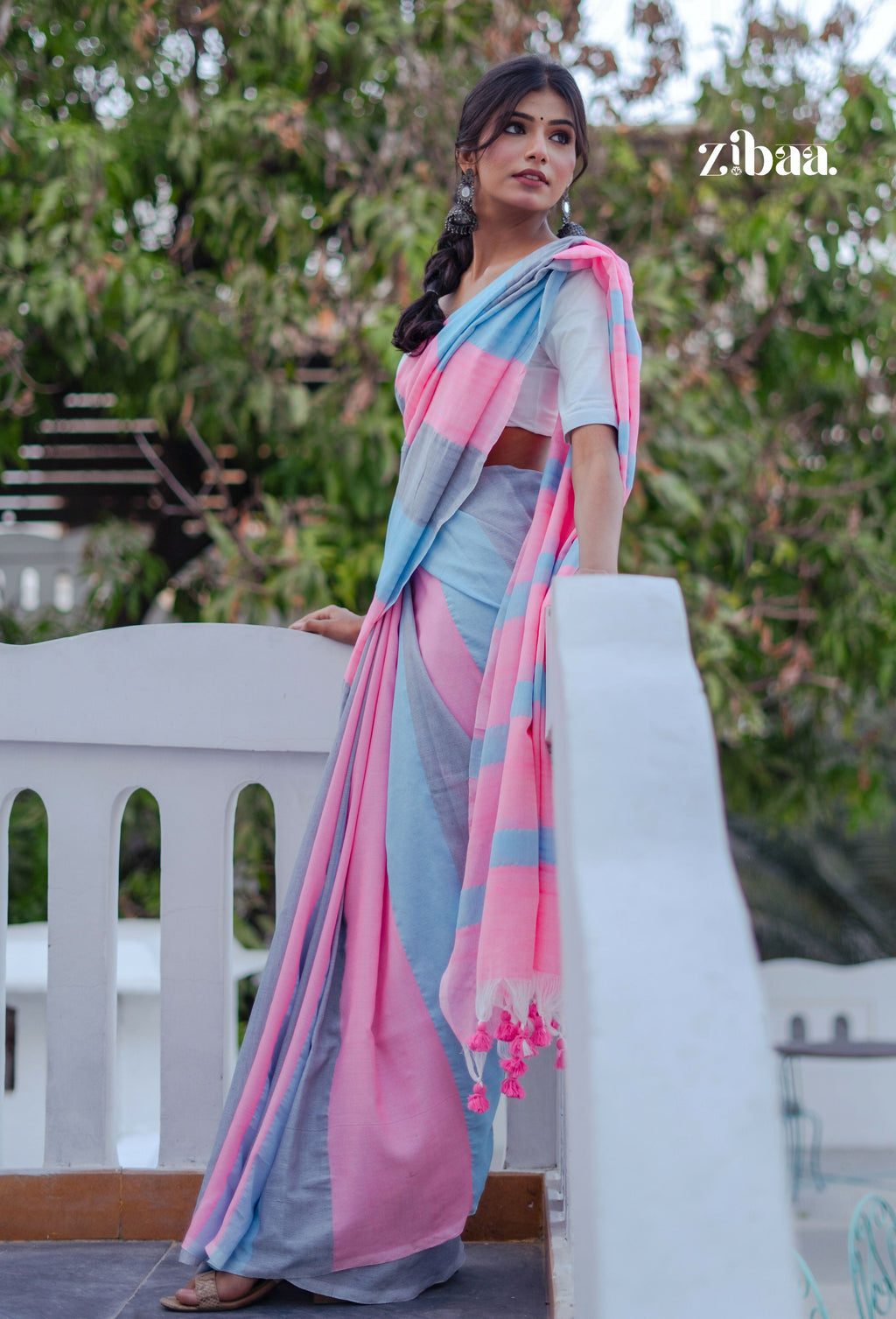 Zibaa Hand-Dyed Mul Cotton Striped Saree with Tassels - Distacart