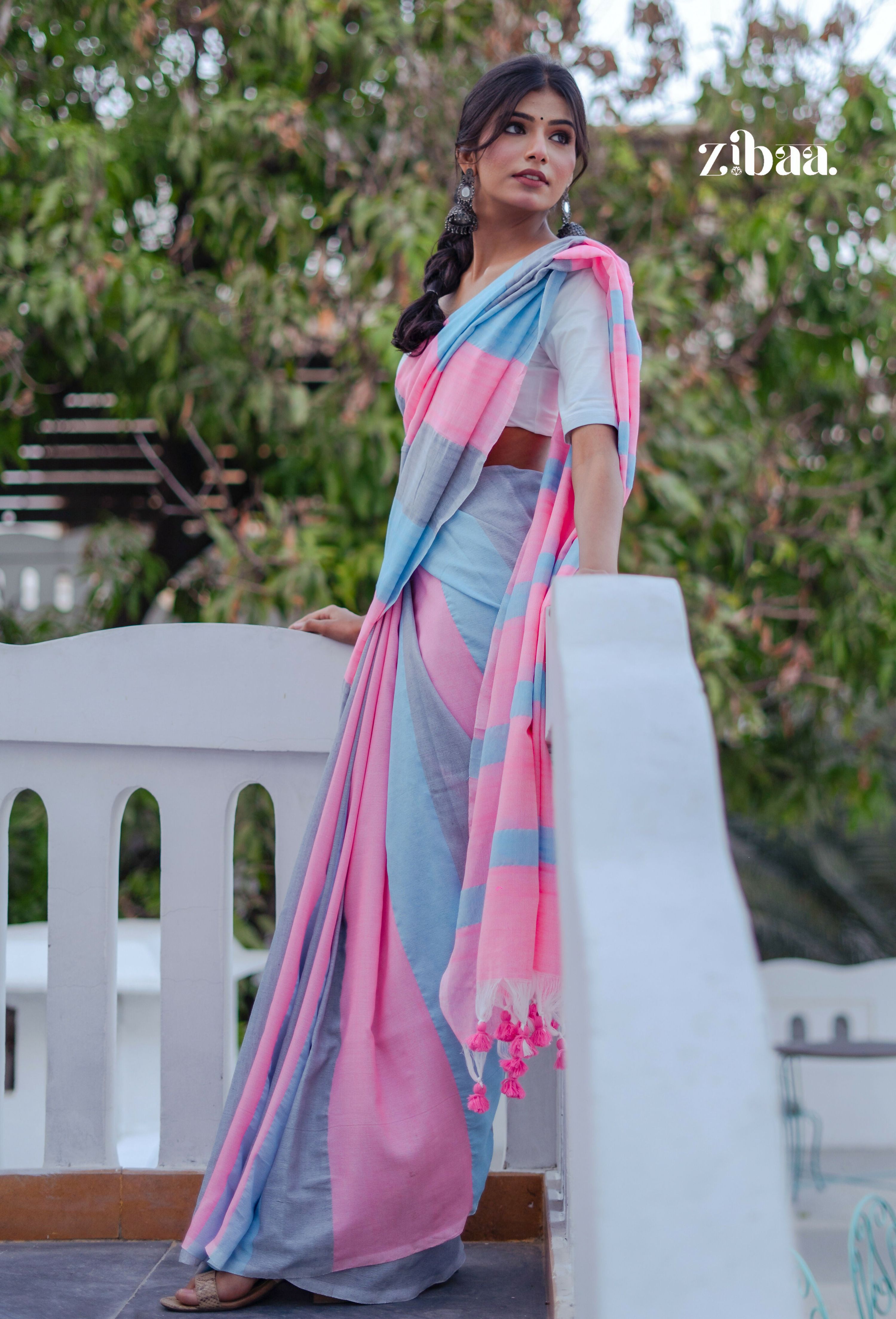 Zibaa Hand-Dyed Mul Cotton Striped Saree with Tassels - Distacart