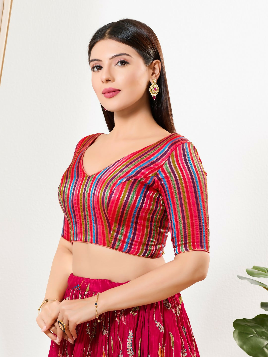Joban Fashion Pink Multi Brocade Padded Blouse With V Neck Elbow Sleeves - Distacart