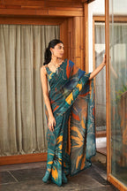 Green Bright Moss Designer Digital Printed Party Wear Saree - Be Verly