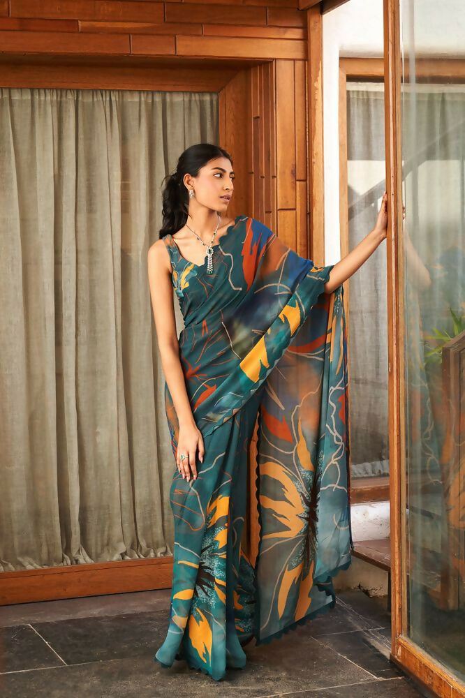 Green Bright Moss Designer Digital Printed Party Wear Saree - Be Verly