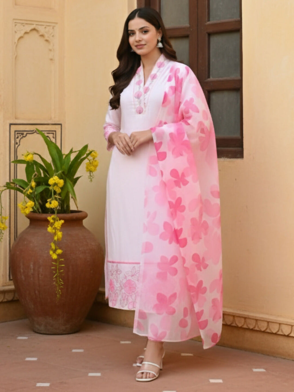 The52 Women's Beautiful Chanderi Fabric Printed Work Straight Kurta Pant and Dupatta Set - Distacart