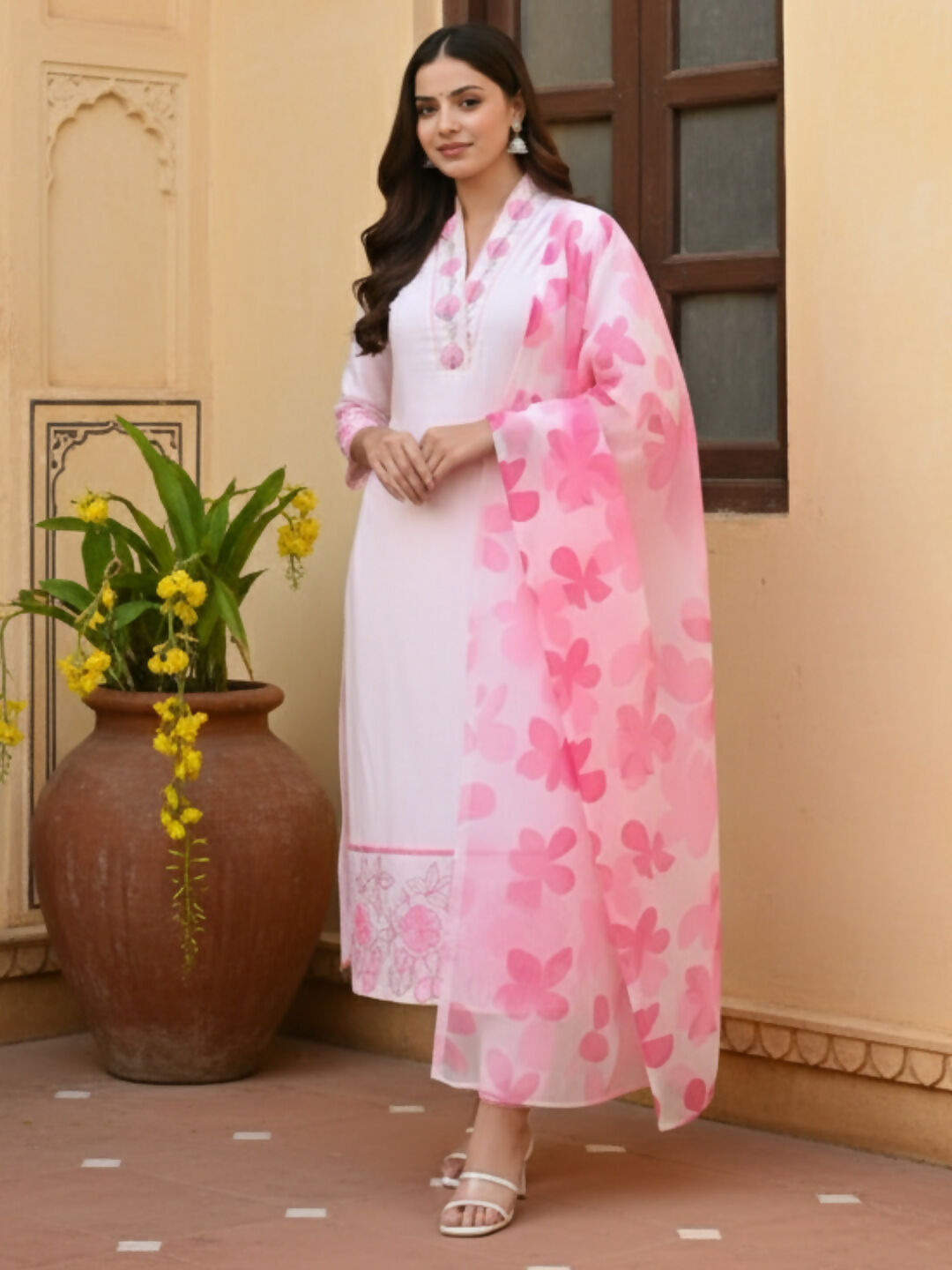 The52 Women's Beautiful Chanderi Fabric Printed Work Straight Kurta Pant and Dupatta Set - Distacart