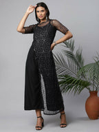 Ahalyaa Womens Black Crepe & Net Glitter Print Jumpsuit - Distacart