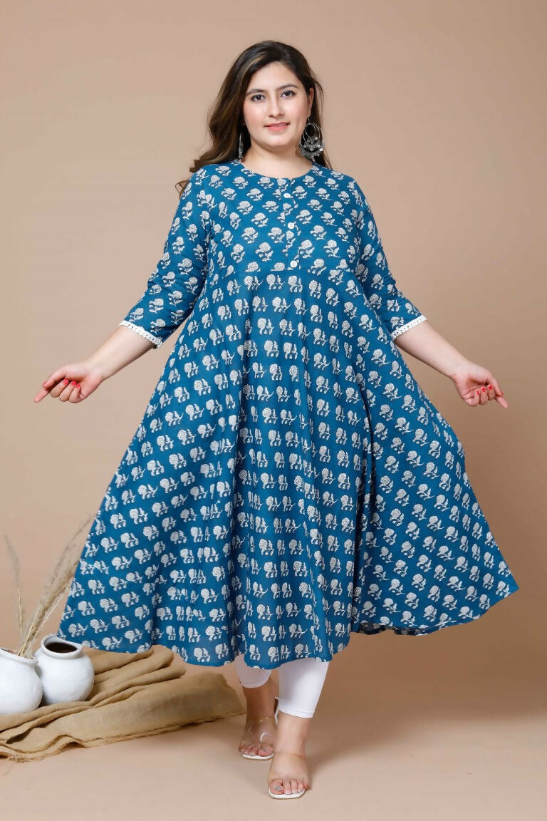 Miravan Women's Plus Size Blue & White Ethnic Motifs Printed Cotton Anarkali Kurta