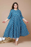 Miravan Women's Plus Size Blue & White Ethnic Motifs Printed Cotton Anarkali Kurta