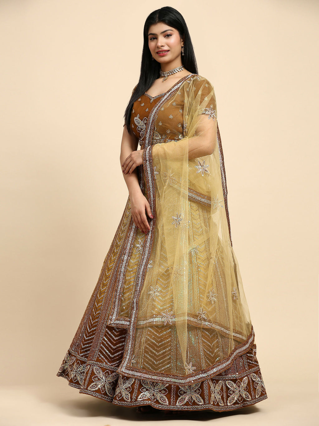 Brown Fancy Net Sequence Embroidered Lehenga Choli with Dupatta - Dhara