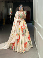 Vastranavya Floral Printed Georgette Lehenga Set With Thread Work Unstitched Choli - Cream