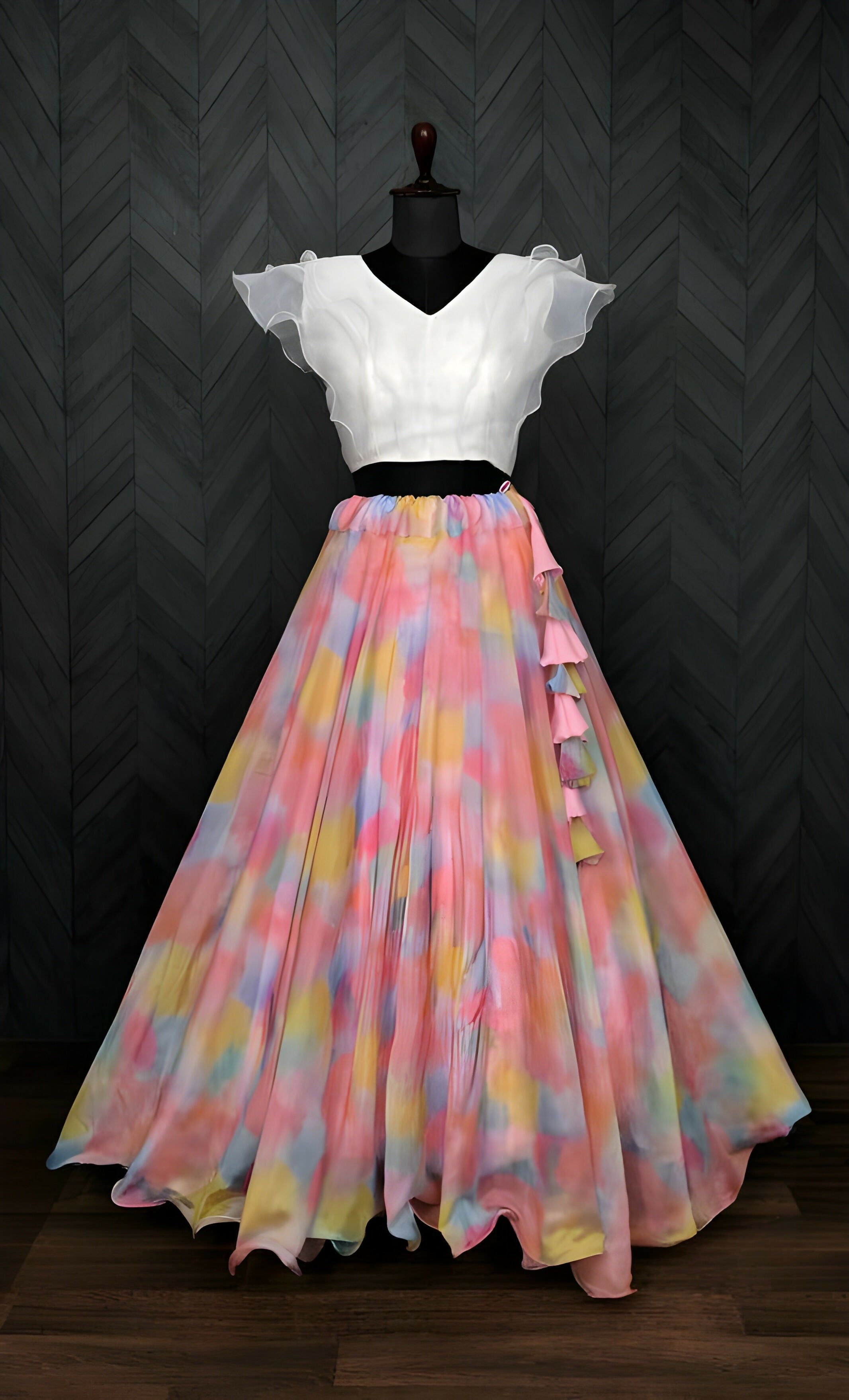 Dishitha Creation Floral Printed Stitched Lehenga & Crop Top - White & Pink