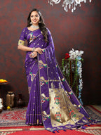 Lorenvalley Fashion Purple Soft Paithani Silk Woven Design Gold Zari Meenakari Weaving Saree