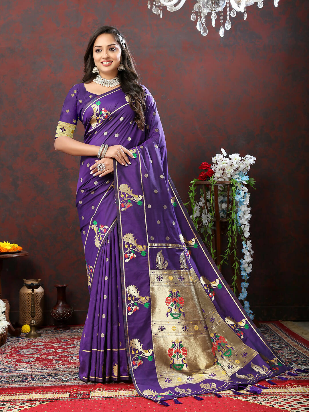 Lorenvalley Fashion Purple Soft Paithani Silk Woven Design Gold Zari Meenakari Weaving Saree