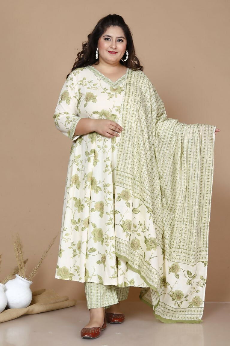Miravan Women's Plus Size Green Printed Anarkali Kurta With Palazzo And Dupatta