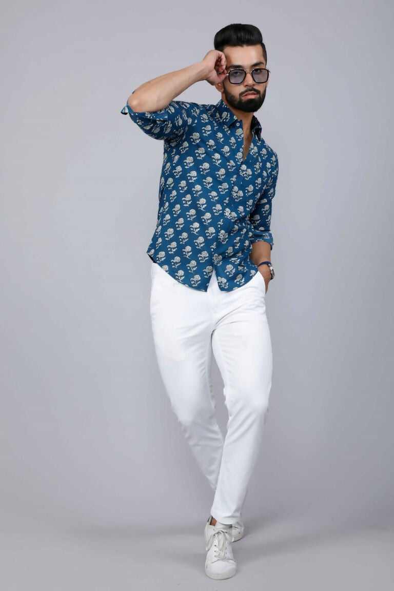 Miravan Men's Blue Spread Collar Floral Print Casual Shirt