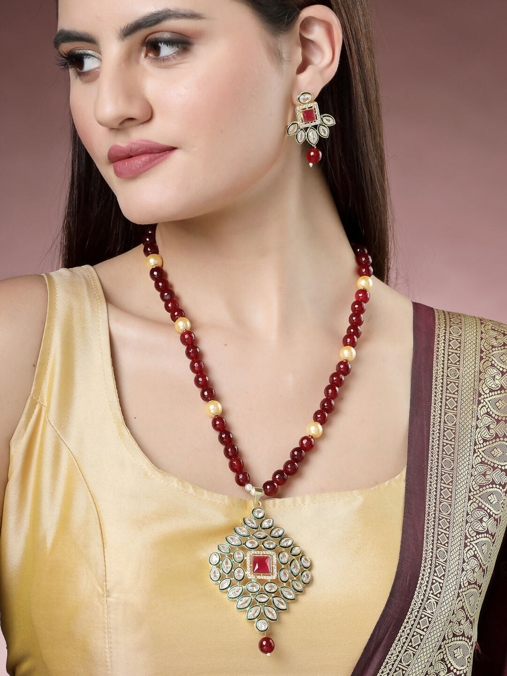 NVR Women's Red Kundan-Studded & Beaded Handcrafted Jewellery Set