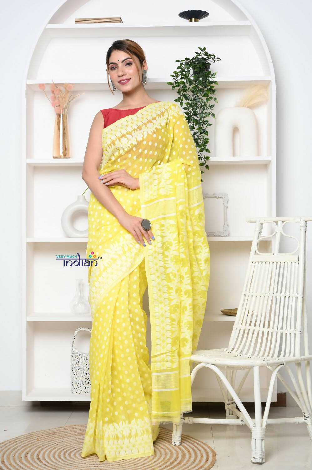 Very Much Indian Jamdhani Cotton Saree With Polka Dot Pallu - Lime Yellow - Distacart